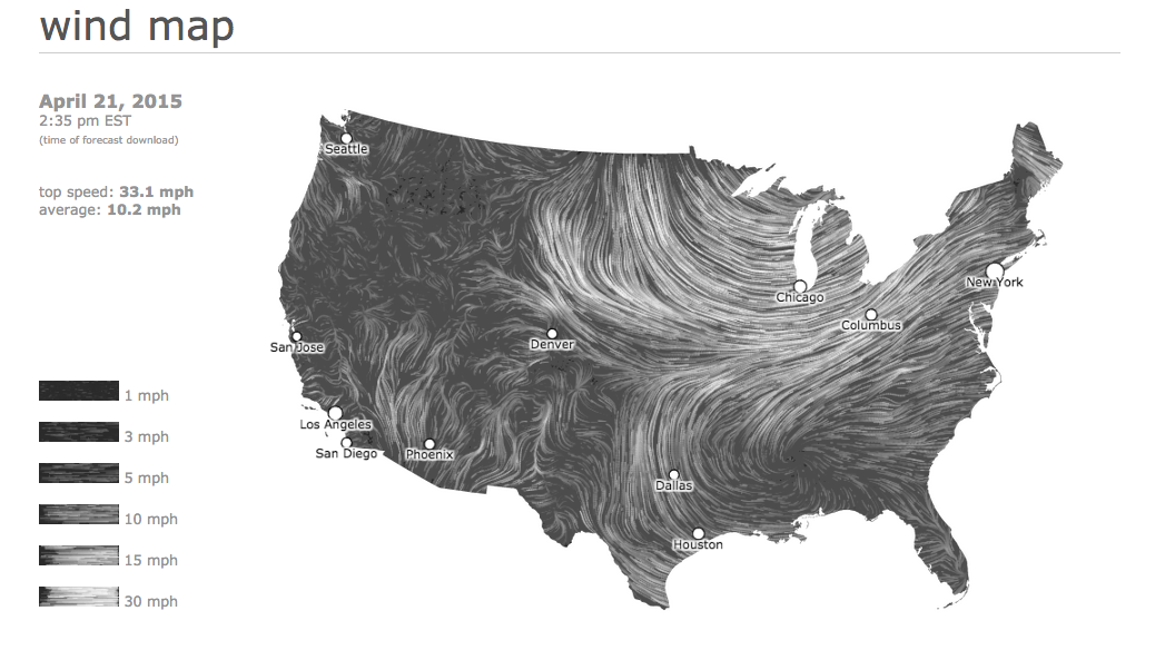 realscientists's tweet photo. Cool #dataviz showing all present #wind speeds in the U.S. 
Chicago is a windy city today.
http://t.co/miBV9BzsJ2 http://t.co/EYMQ8X4uah