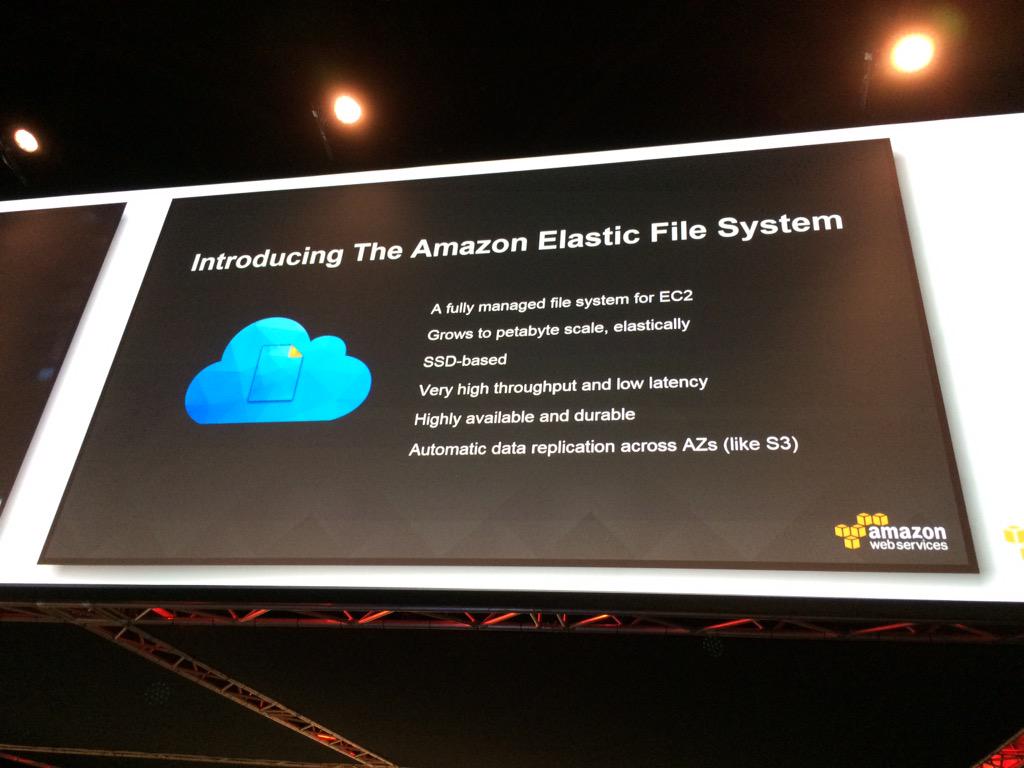 ImaginateScata's tweet photo. Amazon Elastic File System available for preview today and available in winter 2015 #awssummit http://t.co/0XU9CRUXFS