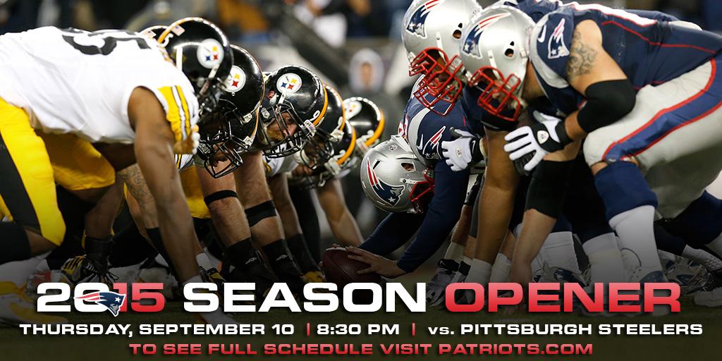 Patriots's tweet photo. #Patriots open the 2015 season at @GilletteStadium vs. the Steelers on 9/10. Full schedule: http://t.co/jEQpr01EMY http://t.co/2czF3A9aPK