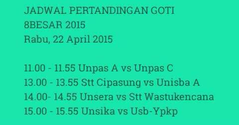 Jadwal untuk 8 besar cc: <a href="/HMTI_UNPAS/">HMTI UNPAS</a> <a href="/TIunpas_2013/">Teknik Industri '13</a> <a href="/TeknikUnpas2014/">FINGER 2014</a> <a href="/TI_Unpas2012/">T Industri Unpas'12</a> <a href="/TIUnpas2011/">Industrial Engineer</a> <a href="/TI_UNPAS2010/">Teknik Industri 2010</a>