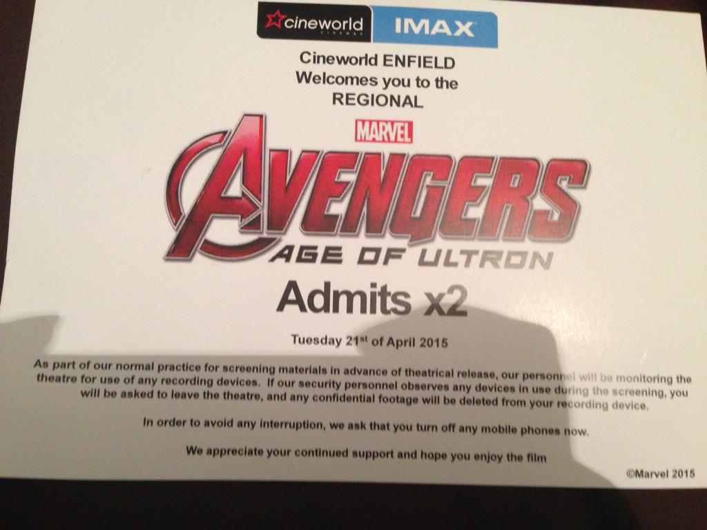 MeensP's tweet photo. Loved @Avengers #AgeofUltron went to regional premiere @cineworld Enfield #Marvelimax amazing film! Worth the wait!!! http://t.co/p7YqJWXBbG