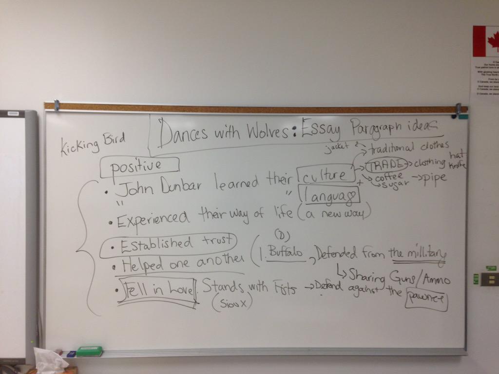 andrewparkerAGP's tweet photo. #ssb4 #danceswithwolves #essay2 ideas, remember: statement, explanation,examples,summary #culturalcontact @melazerte http://t.co/5SnLpc3rCl