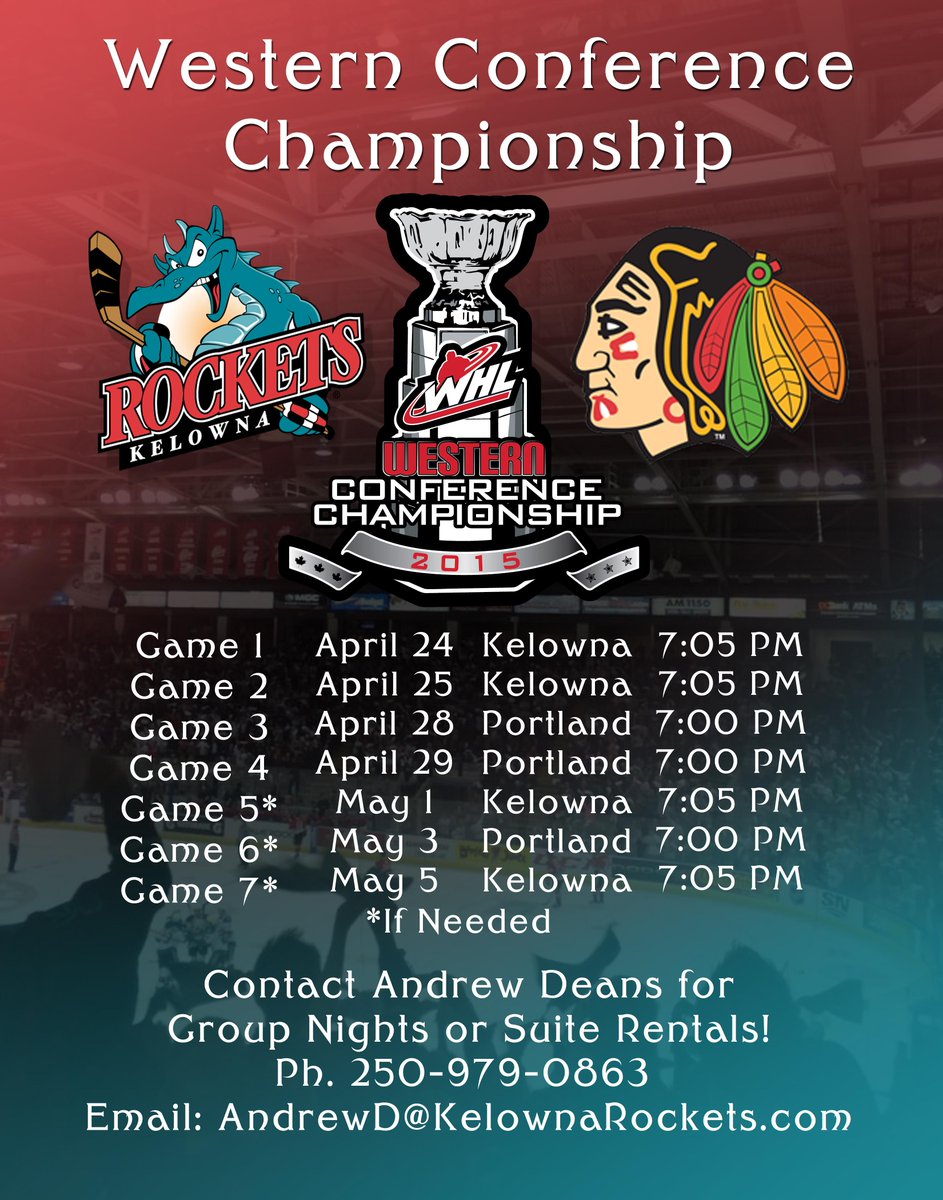 Kelowna_Rockets's tweet photo. The complete schedule for the Western Conference Finals! RT this post, and be entered to win tickets to Game 2...GO!! http://t.co/W3lTKH9wcj