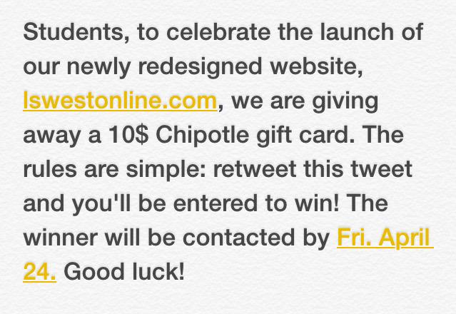 lswestonline's tweet photo. Interested in winning a 10$ Chipotle gift card? The game is simple: http://t.co/NohYWPSPBR