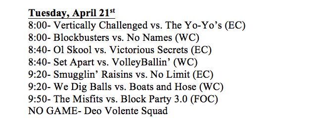 GCIntramural's tweet photo. Here is tonight's schedule! Come to HJ Long Gym at 8! #GCIntramurals http://t.co/0SsTrjtQFT
