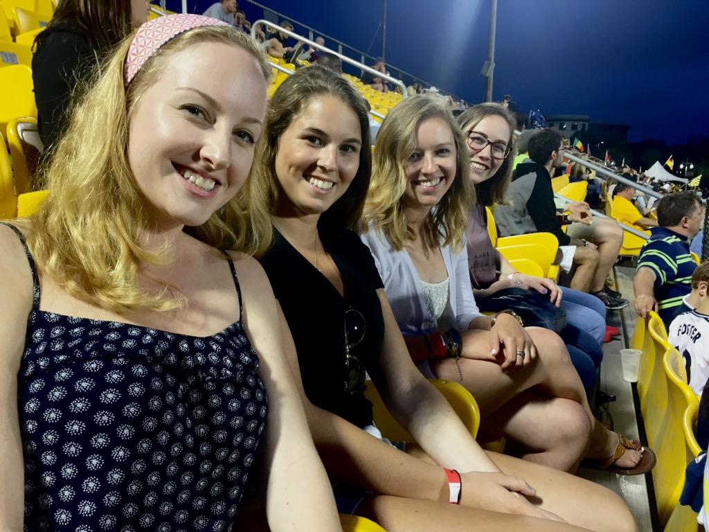 CofCfyeabroad's tweet photo. Enjoyed reuniting with former @CofCfyeabroad peer mentors at Saturday's @Chas_Battery game! #charlestonsoccer http://t.co/VTJhQs5Cra