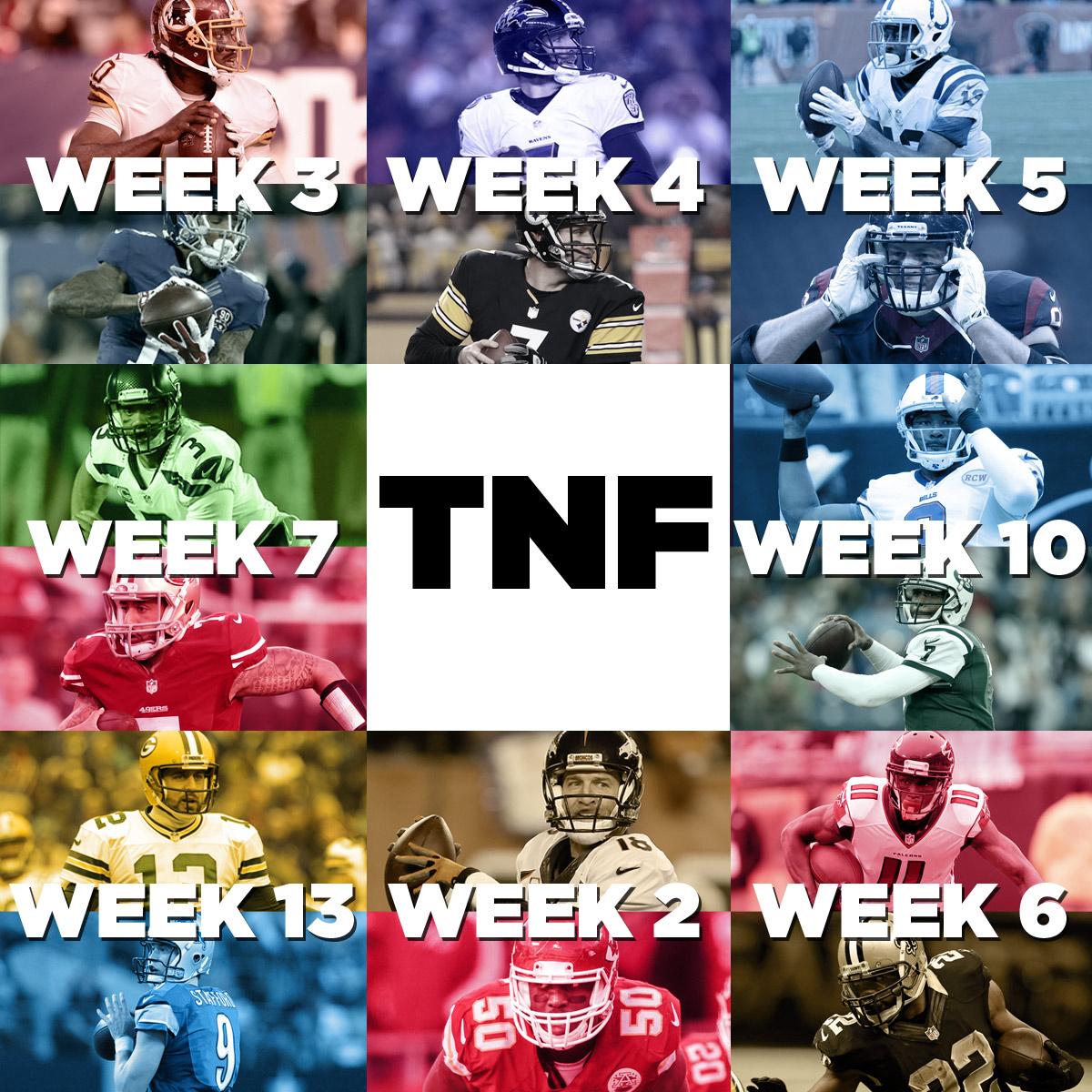 RapSheet's tweet image. Pretty awesome RT @nfl: Luck vs. Watt?
Russ vs. Kap?
Rodgers vs. Stafford?
2015 TNF Schedule: at.nfl.com/liz0PqX