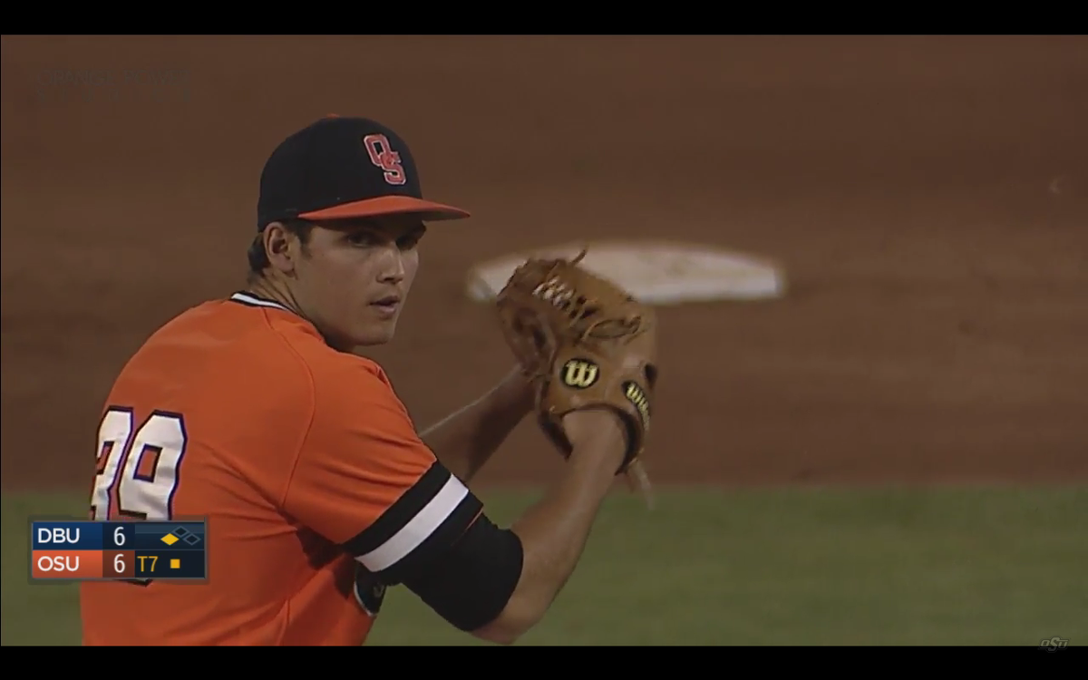 OSUBaseball's tweet photo. T7: LHP Alex Hackerott takes over on the mound with 1 out and a runner at 3rd. #okstate http://t.co/drlT4t0nyu