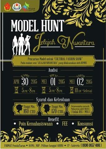 Info:
"MODEL HUNT"
yuk buat kalian yg tertarik bisa ikut daftarkan diri. More info cp:089608574081 (Gabriela)
-BEMUS-