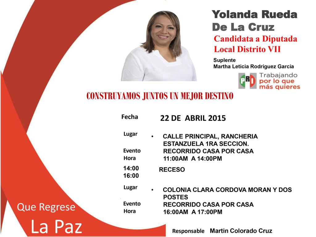 TabascoPorTodos's tweet photo. Agenda de @SOYOLIRUEDA candidata del VII dto electoral local. Recorrido casa X casa #AnimodeTriunfo @pritabasco . http://t.co/HrKoSBN5BI