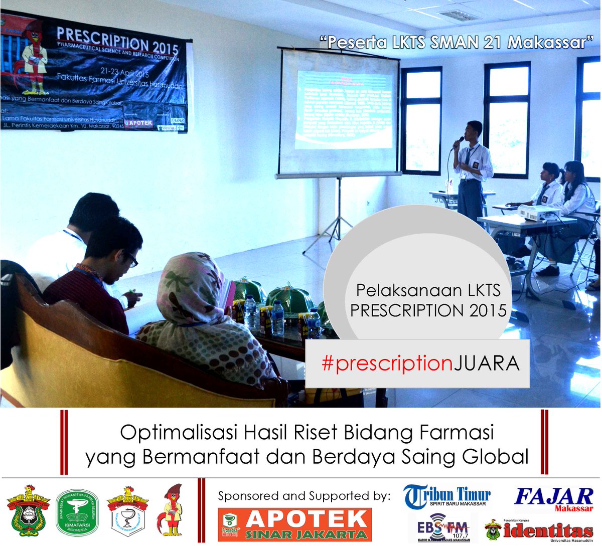 prescription15's tweet photo. Sedang berlangsung Presentasi LKTS
@tribuntimur @identitasonline @EBSFMUNHAS @FAJARonline @BEMKemafarUH @ISMAFARSI http://t.co/7d3xQ7xXwW