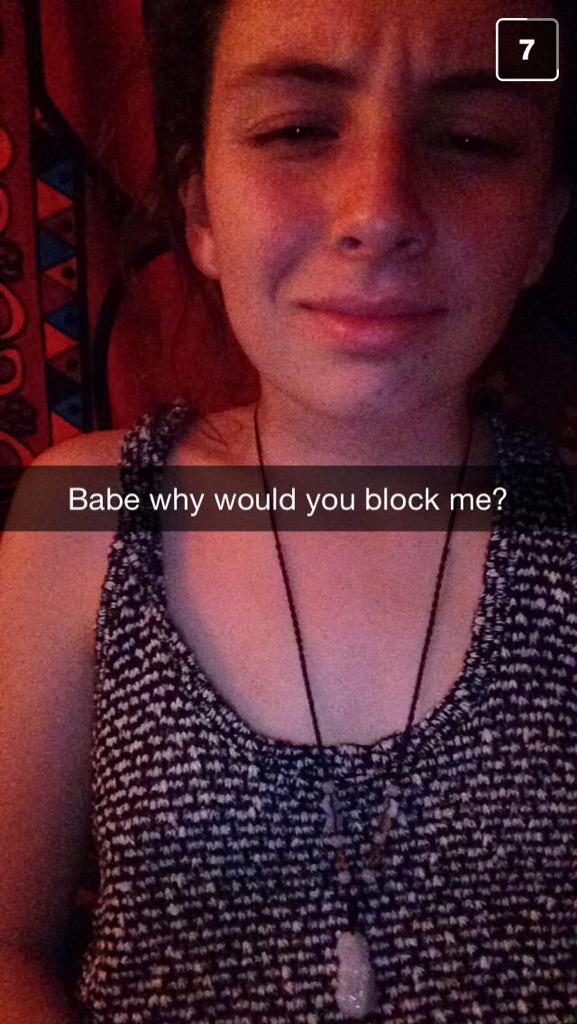trestenkeys's tweet photo. She follows me and favorites all my tweets, so I block her and she finds my snapchat... #SaveMe #ThisGirlIsCrazy http://t.co/0M72qxbigr
