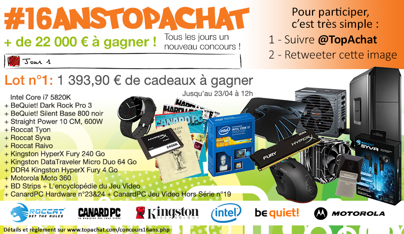 TopAchat's tweet image. Concours #16AnsTopAchat

C'est parti pour le #lot1 à 1393 € !

Pour participer, RT + Follow @TopAchat :-)