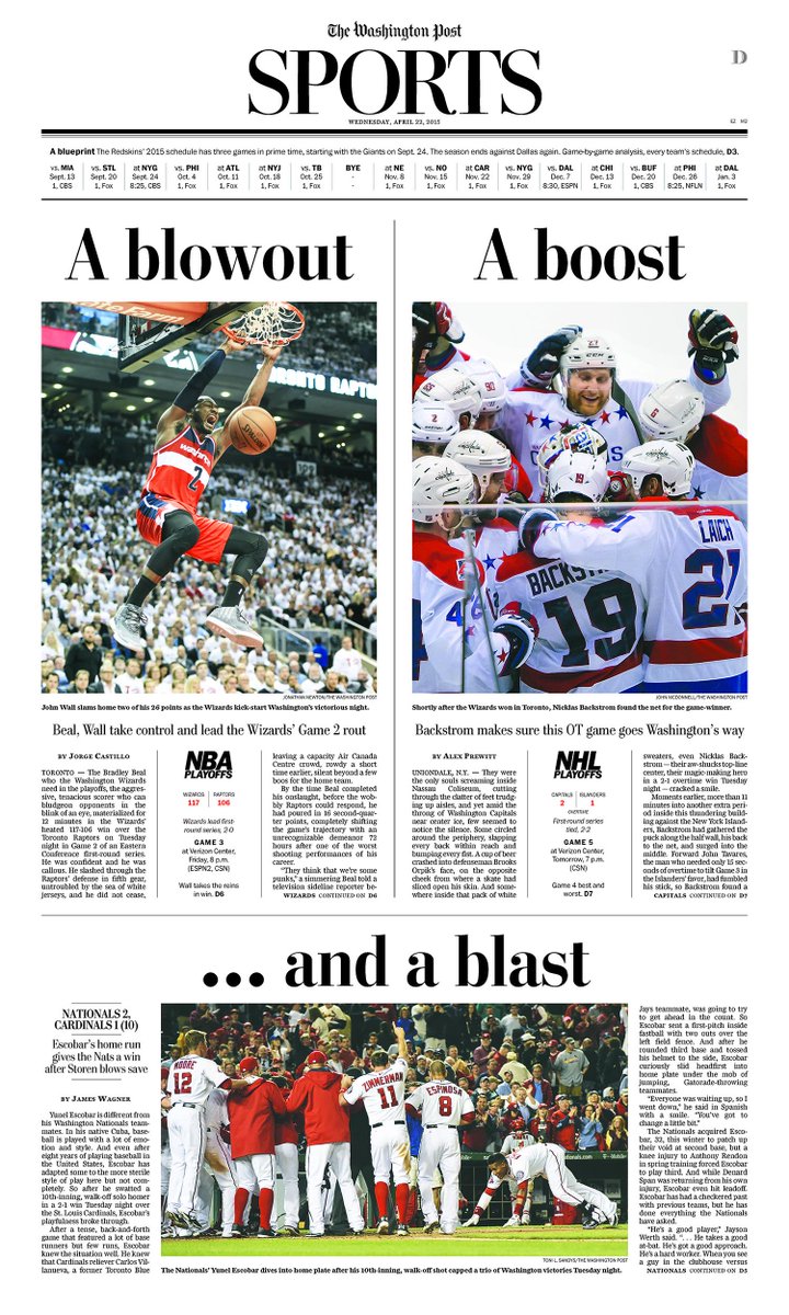 danWorthington's tweet photo. The Greatest #DC sports night ever? The @washingtonpost @PostSports front. #Wizards #Nats #RockTheRed #dcRising http://t.co/c0A4a022da