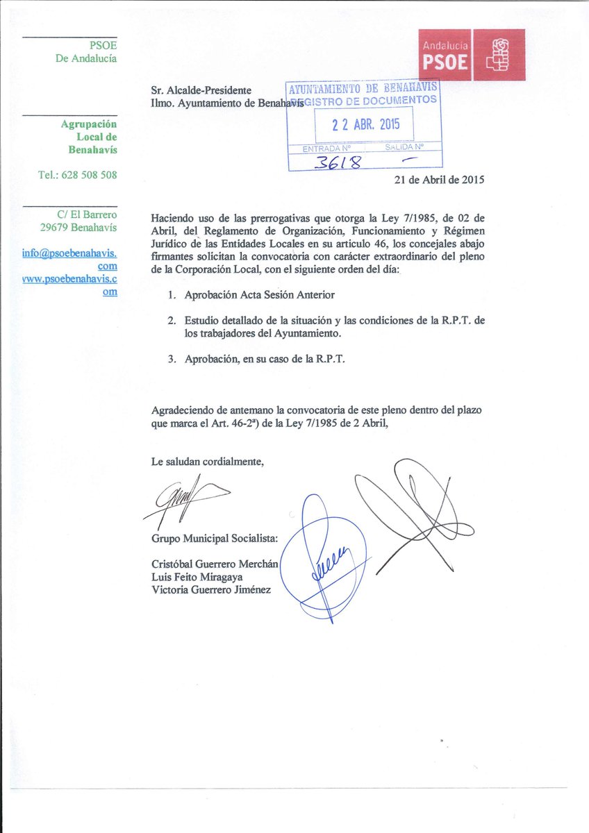 psoebenahavis's tweet photo. Luis Feito presenta solicitud de pleno, para tratar el R.P.T #Gobernarparalamayoria #Benahavís #ContigoParaElCambio http://t.co/oVKNZKHyMw
