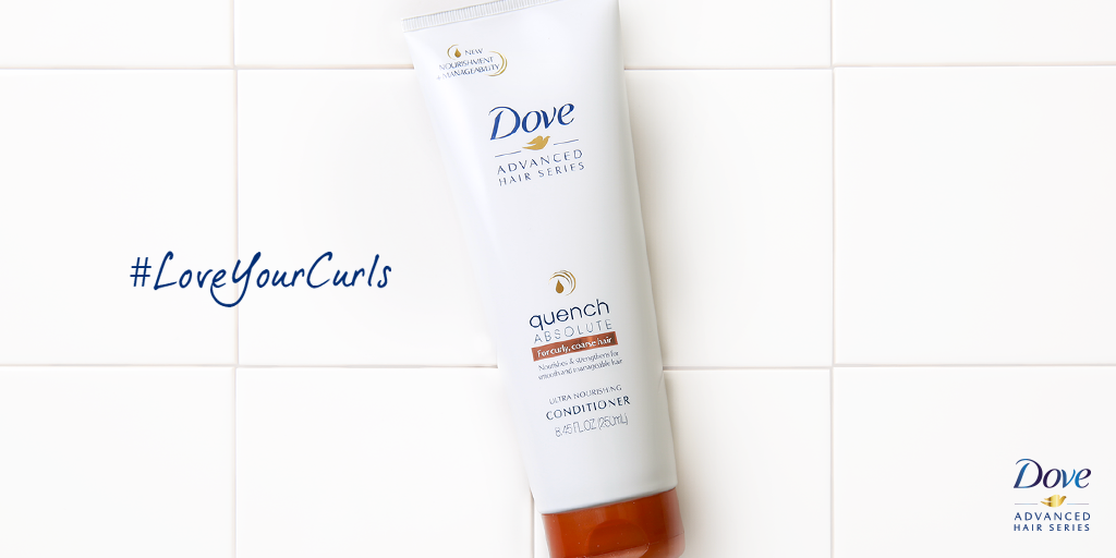Dove's tweet photo. Treat your curly hair to New Dove Quench Absolute system every day. #LoveYourCurls http://t.co/7tIFY1BIoc