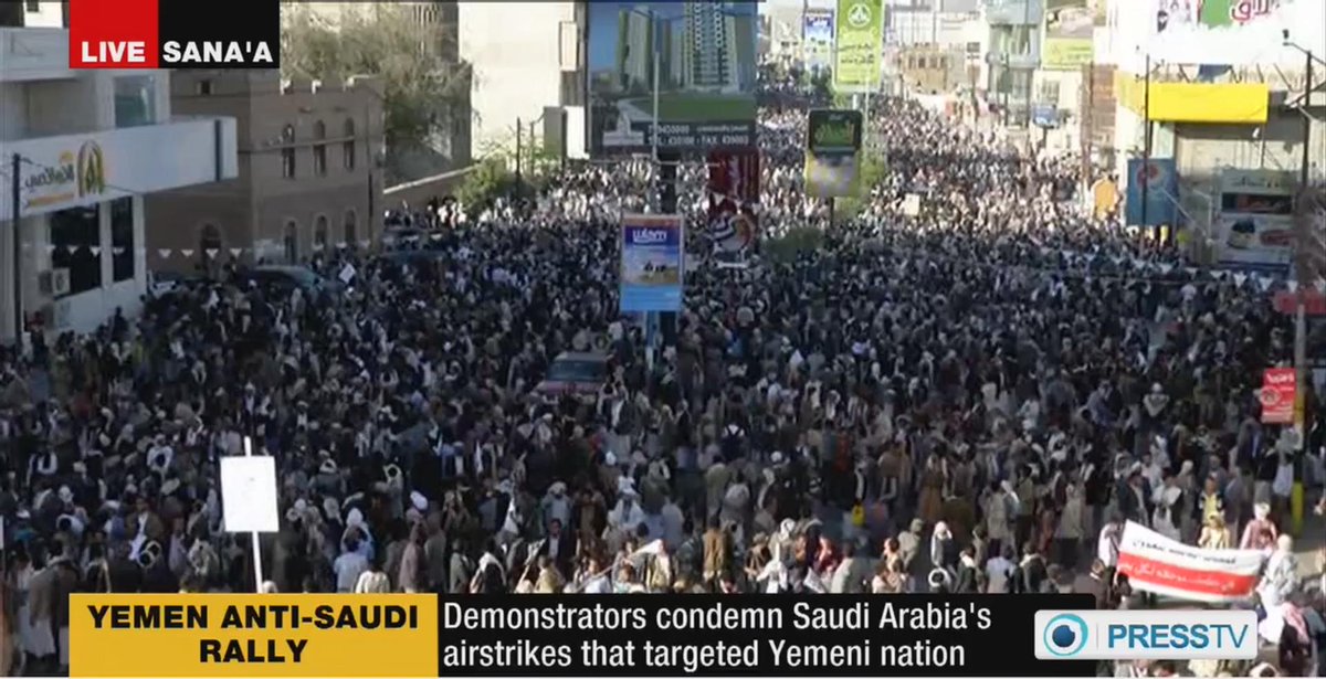 PressTV's tweet photo. UPDATE Demonstrators condemn Saudi Arabia's airstrikes that targeted Yemeni nation
http://t.co/iDvBrm2iZa 
#Yemen http://t.co/19txK6Hiyd