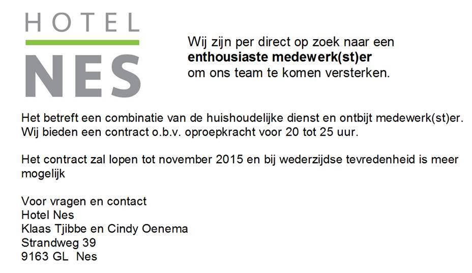 HotelNes's tweet photo. Spreekt deze functie jou aan? Neem dan contact met ons op. info@hotelnes-ameland.nl of Tel. 0519-542183 http://t.co/XdsKW5Is3C