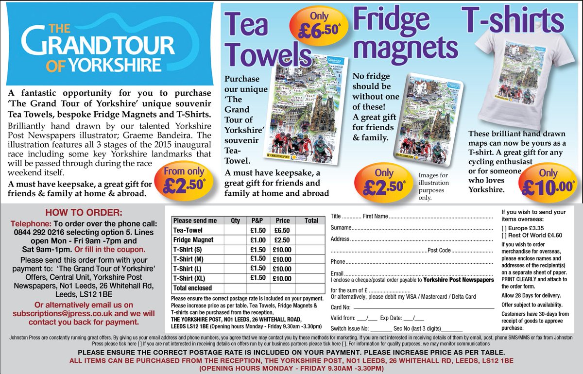 WAKOffers's tweet photo. Souvenir merchandise available now ahead of The Grand Tour of Yorkshire. Order hotline: 0844 2920216 @Reportereditor http://t.co/hLtTmNEG2U