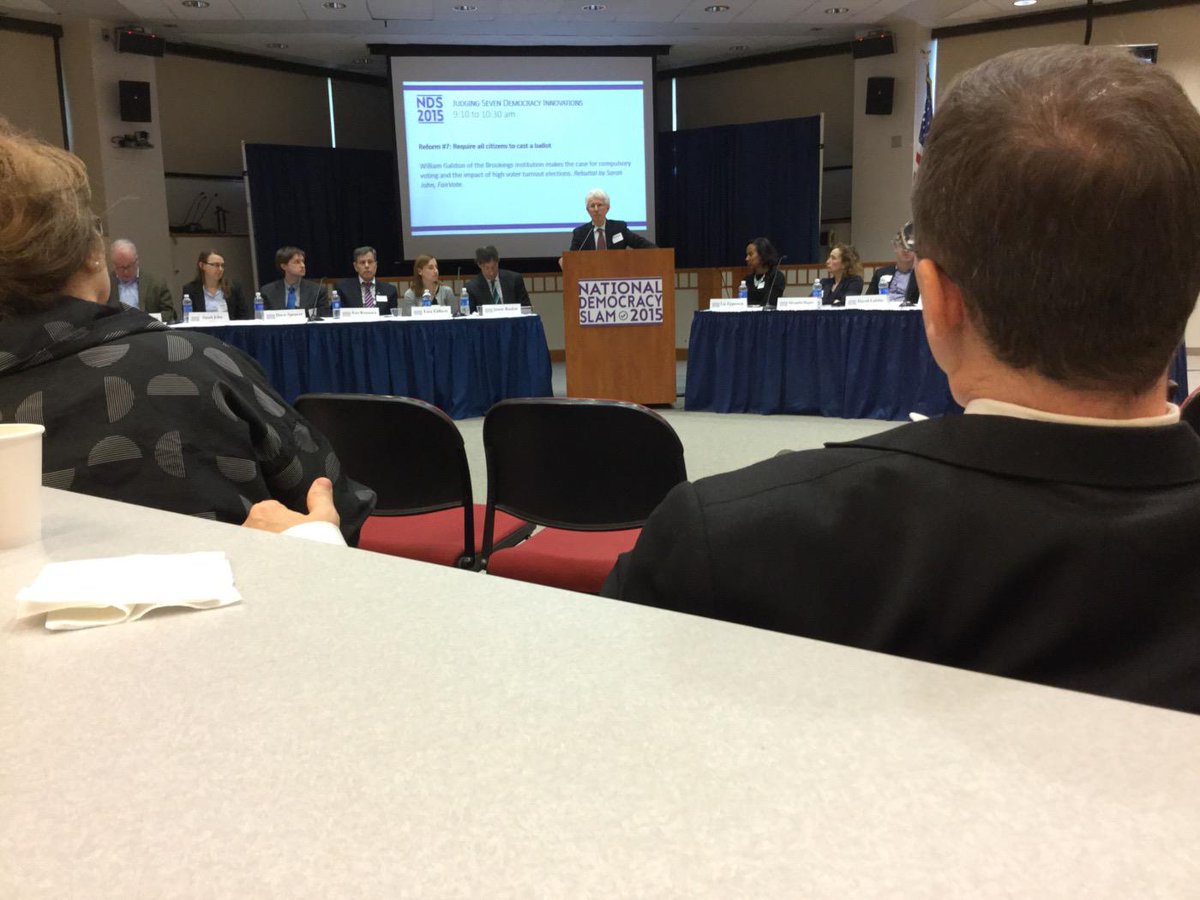 Hellmich_FV's tweet photo. @BillGalston making the case for compulsory voting. #DemocracySlam http://t.co/QVJEihSpiI