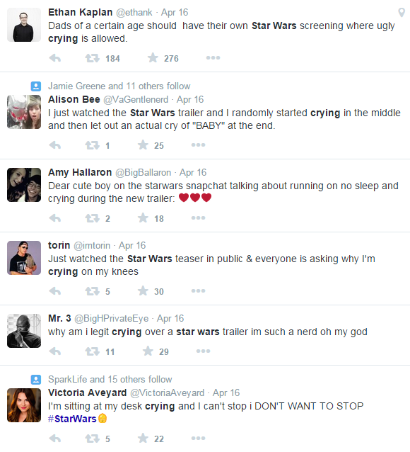 HudsonStPress's tweet photo. We cried too! @RyancBritt: RT @VICE: It’s OK if you cried when you saw the Star Wars trailer. http://t.co/NxjBPp7EDk http://t.co/cHwfehzcGn