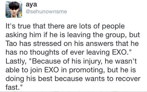 kpop_multifandm's tweet photo. Tao's friend: "Tao has stressed on his answers that he has no thoughts of ever leaving EXO" http://t.co/wPizvHlvdp