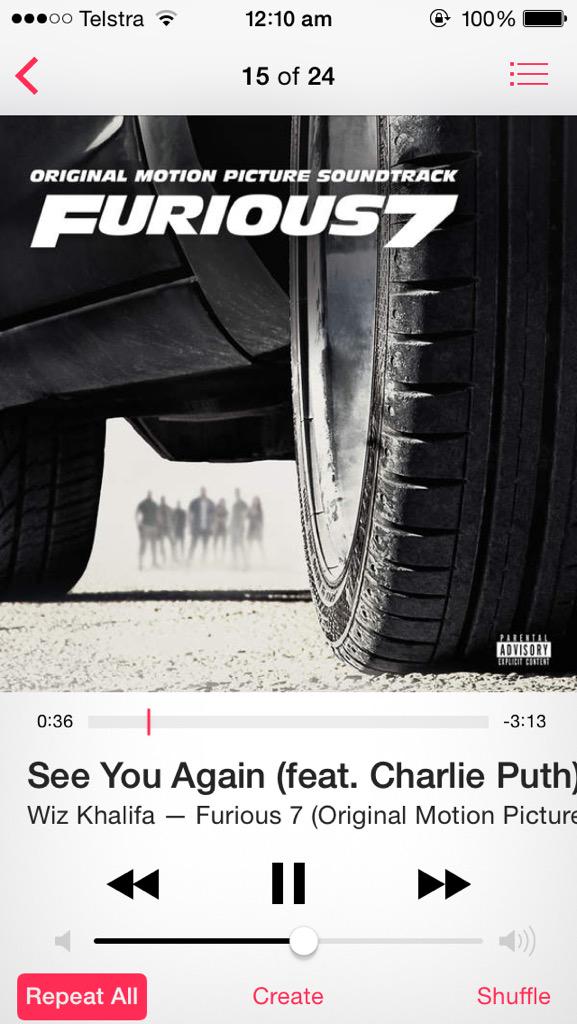 BriceHart95's tweet photo. Absolutely love this song! Can't stop listening to it 😍🎶 #SeeYouAgain #Fast7 #ForPaul @RealPaulWalker http://t.co/gfwtSKbI2W
