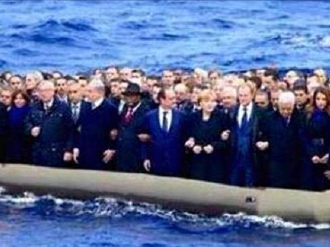 Corriere's tweet photo. I leader mondiali sul barcone:  il fotomontaggio in Rete Guarda http://t.co/AKerJbw2iQ http://t.co/EWORFcBOOn