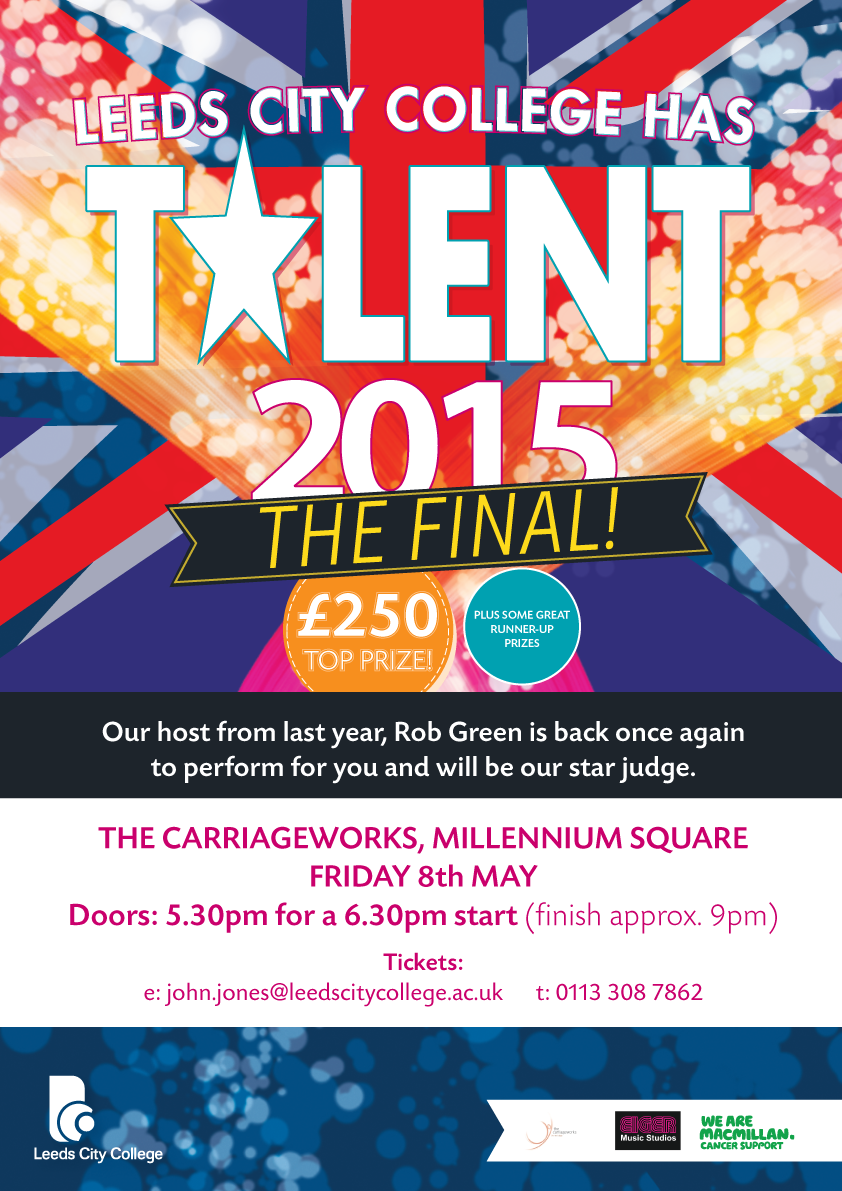 leedscitycoll's tweet photo. The Leeds City College Has Talent Final is coming! Tickets are now available for £2.50 each - Friday 8th May 6-9pm http://t.co/qqtKCQDhxh