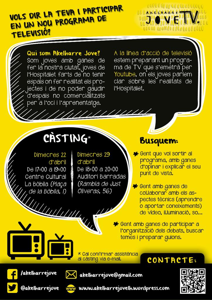 Debat99's tweet photo. És un plaer convidar-vos als càsting de #AkJoveTV aquesta tarde al C.C. La Bòbila a les 17h. Gràcies @AkelharreJove http://t.co/GKVKpAqXrL