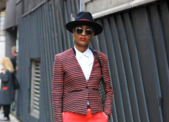 NicelyTurnedOut's tweet photo. Hello red drainpipe trousers! Donya Campbell's London street style here: http://t.co/az5sJpCbWT #streetstyle http://t.co/lGEdY1uEUB