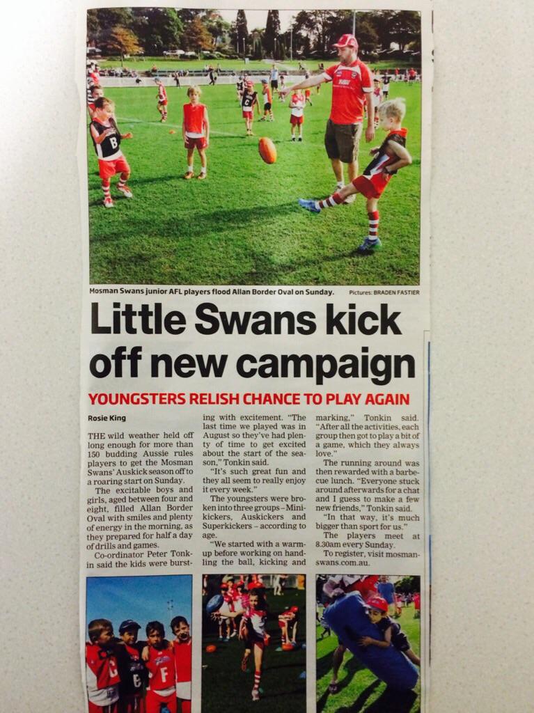 mosmanswans's tweet photo. Nice pic story in @MosmanDaily today on our @AFLAuskick season kick-off last Sun #20yearsofAuskick #AFL http://t.co/rSfT6r4mVf