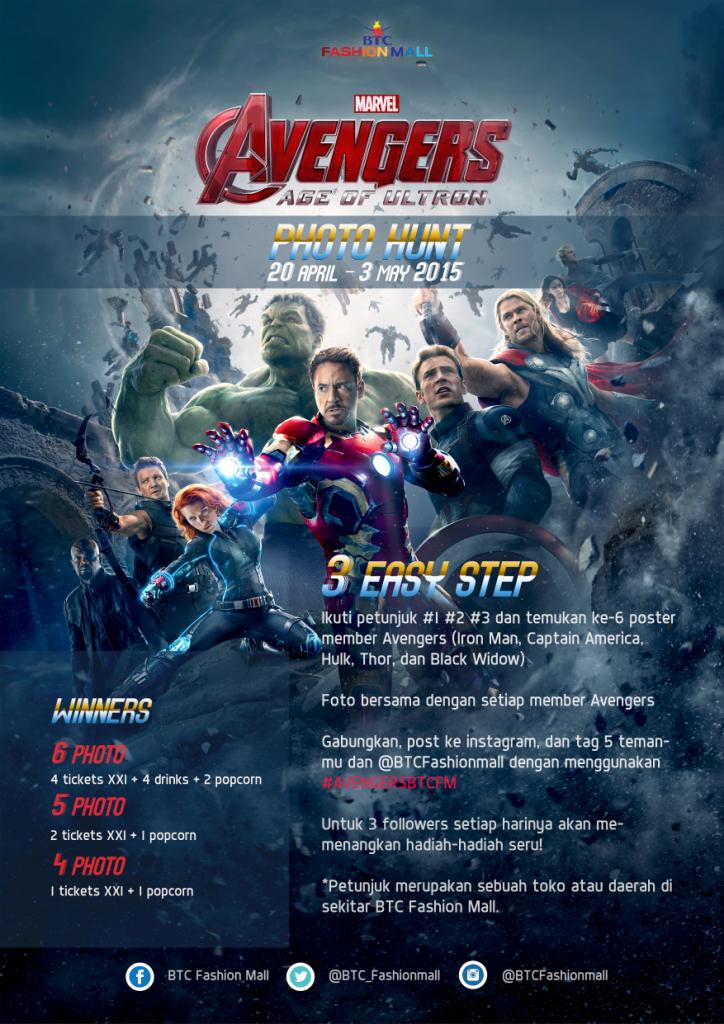infobdg's tweet photo. Akhir bulan tp gak mau kelewat nonton Avengers? Ikutan AVENGERS "Age Of Ultron" PHOTO HUNT aja! @btc_fashionmall http://t.co/0ZNOZHtmZ9