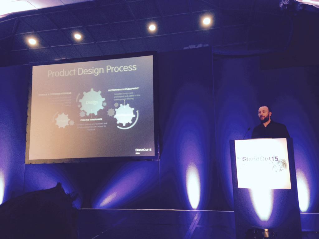 SeamusByrne's tweet photo. @cormackelly takes the stage to talk about product design process #SonruStandOut #London http://t.co/gvPRjOsbVF