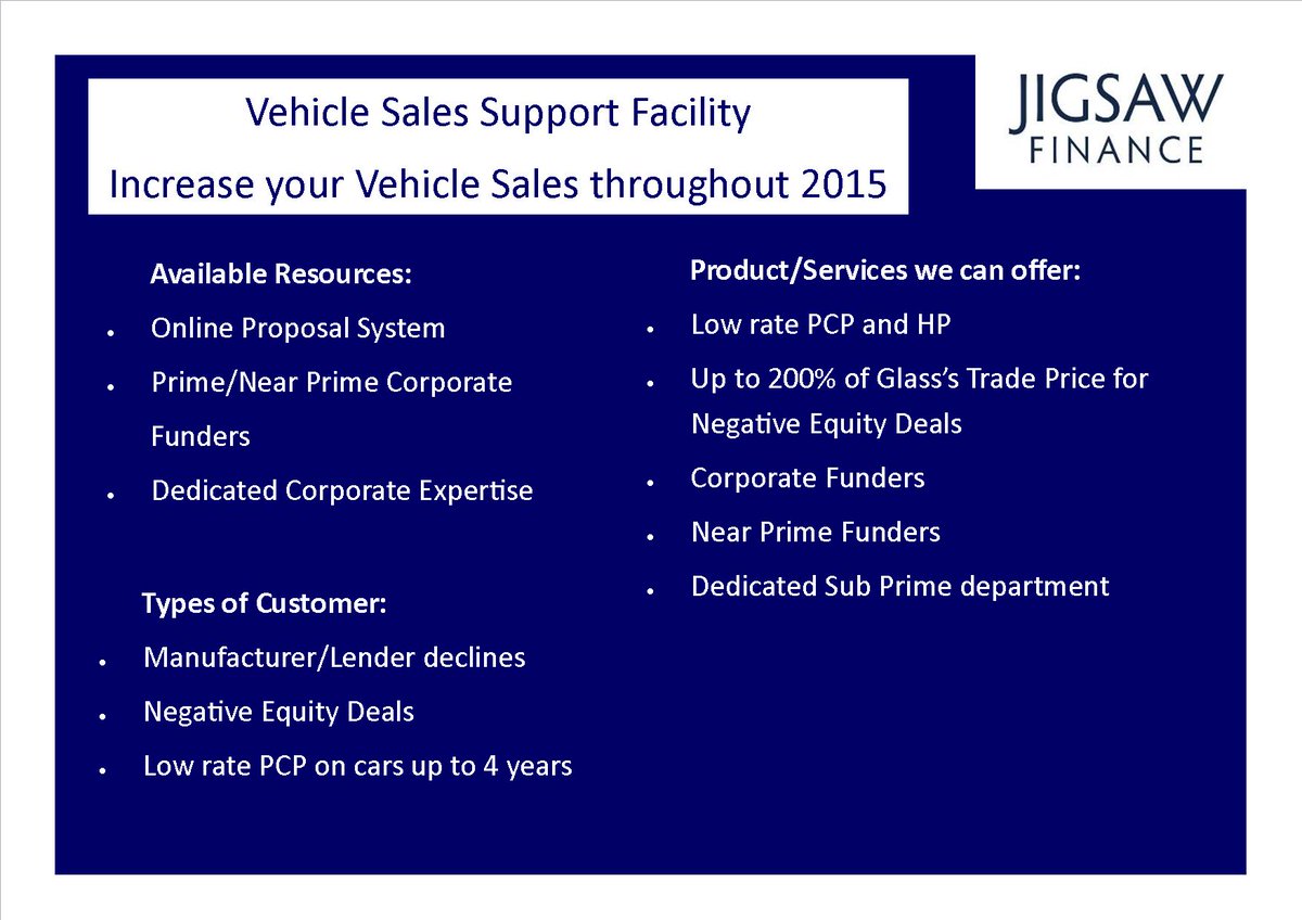 Jigsaw_Finance's tweet photo. Increase your Vehicle Sales in 2015 with #jigsawfinance
Contact 01782 366420 for more details http://t.co/bC575mIxw2