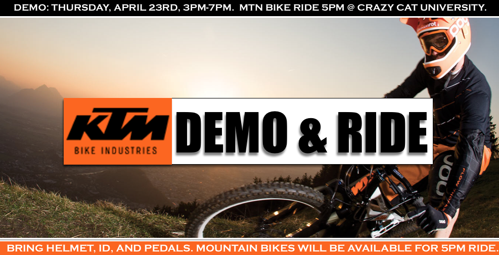 CrazyCatCyclery's tweet photo. Tomorrow Night! Mtn. Bike Ride Ride @ 5pm from CCC University
KTM Demo 3-7pm. #ReadyToRip #2wheelsEP #EverybodyBike http://t.co/6hQ7rWDSf7