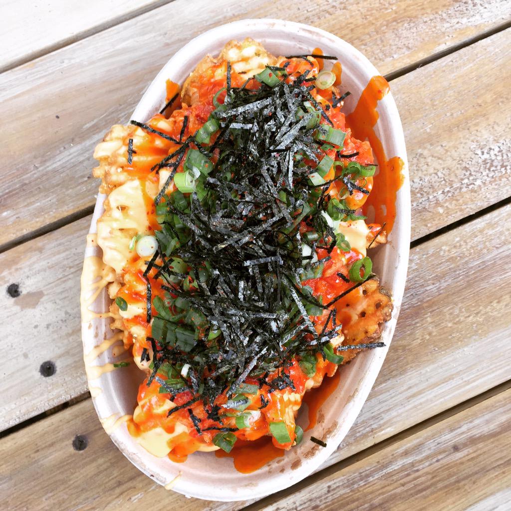 Notorious Kimchi Waffle Fries w cheddar, kimchi, salsa, scallions + nori! Coming tomorrow at St. Mark's! #tweats
