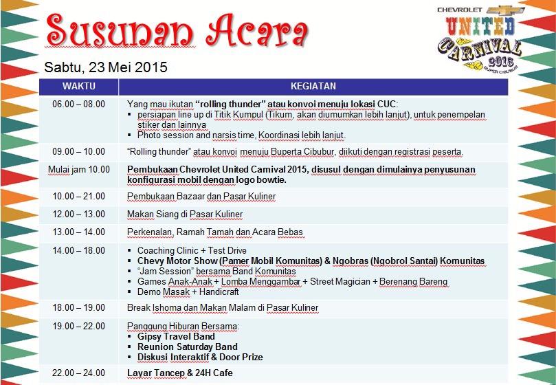chevycarnival15's tweet photo. Berikut adalah rundown event #ChevroletUnitedCarnival2015 http://t.co/AusPFFn2Lq