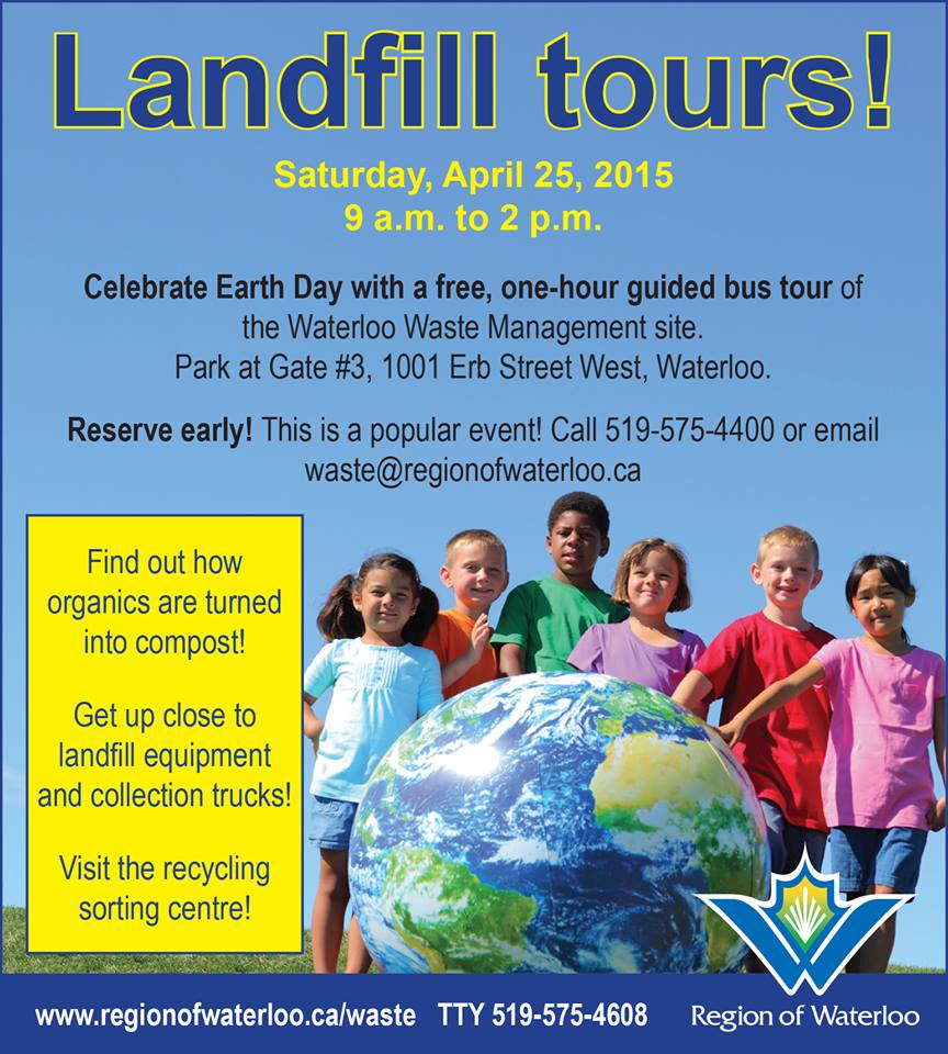 RegionWaterloo's tweet photo. Make #Earthday meaninful. Book a  FREE landfill tour with us on Saturday. Call 519-575-4400 to book a spot on the bus http://t.co/1lFUYgqMKO