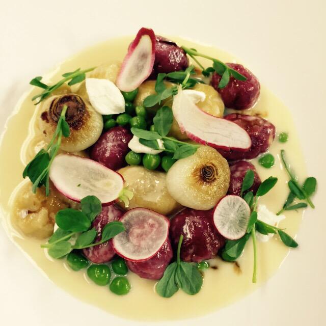 Dropped this at <a href="/TheRhodeShow/">The Rhode Show</a> <a href="/SchartnerFarms/">SchartnerFarms</a> beet gnocchi, watch hill farms honey butter, <a href="/2friendsfarm/">2 Friends Farm</a> pea greens
