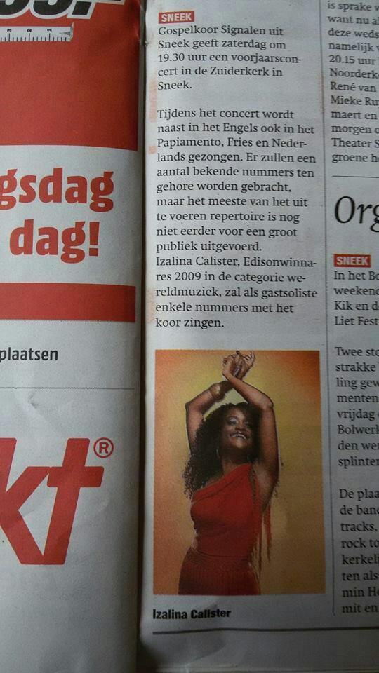 Vandaag in het Sneeker Nieuwsblad. Zaterdagavond 19:30 uur in de Zuiderkerk. gospelkoorsignalen.nl