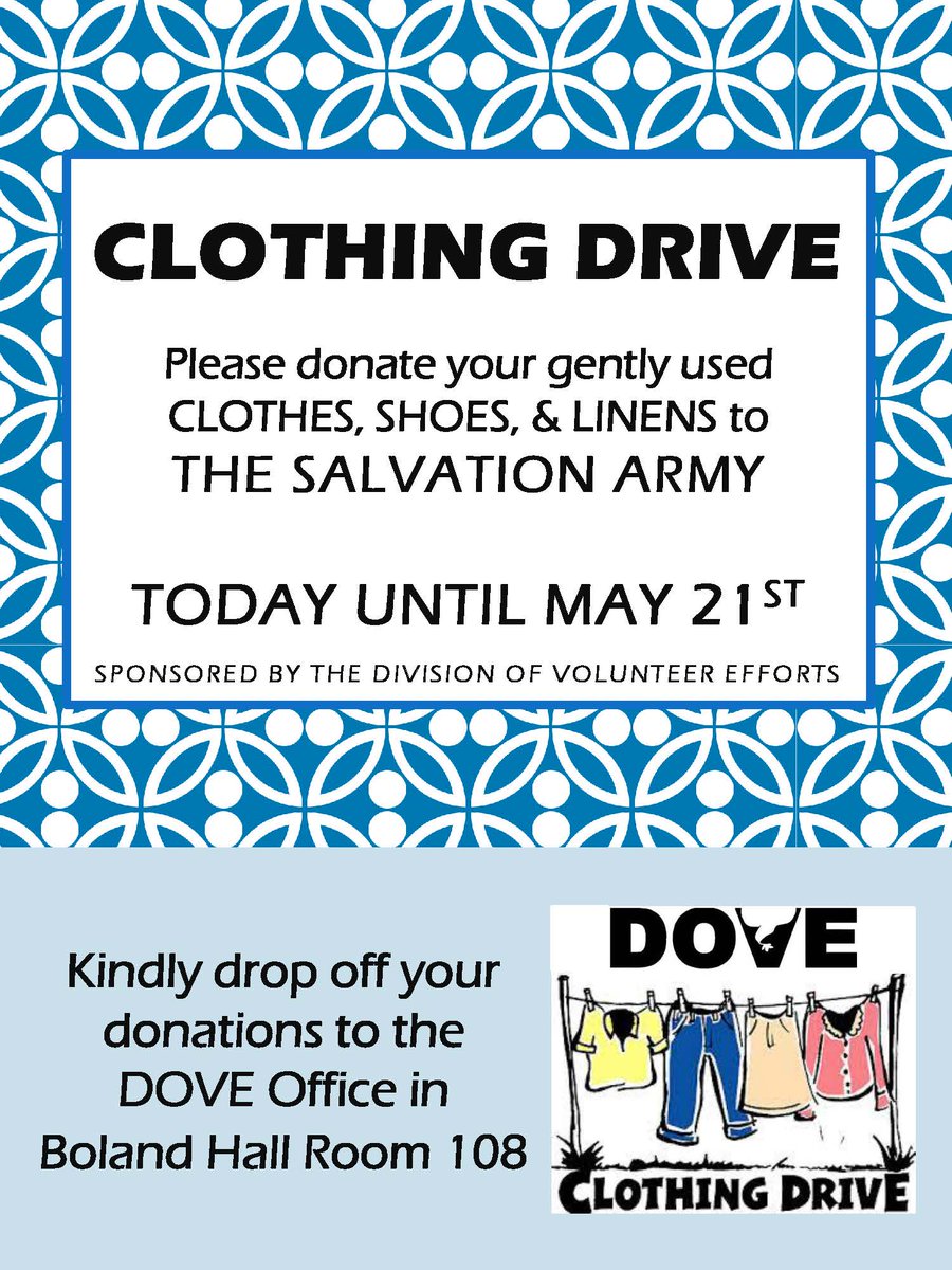 DOVE_SetonHall's tweet photo. DOVE is hosting a clothing drive for @Sal_ArmyNewark.  Drop offs in the DOVE office, now through May 21. http://t.co/keHcDCA1mB