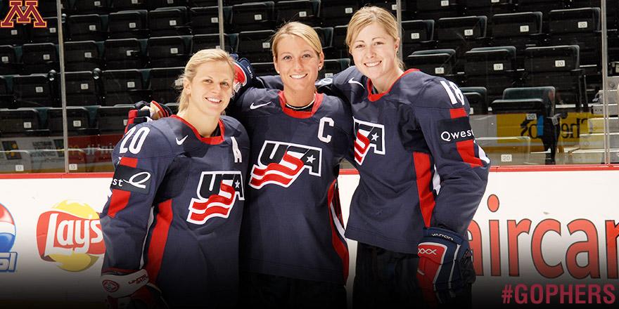 GopherWHockey's tweet photo. #TBT to 3 of our favorite @usahockey #Gophers, @NatalieDarwitz, @KrissyPohl &amp; @GigiMarvin! http://t.co/8IAQXao8uZ