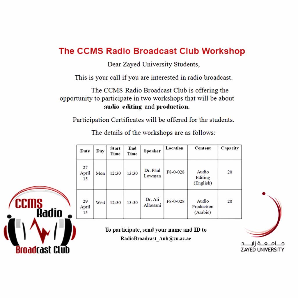 CCMSRadio's tweet photo. Attend our Audio Workshop🔜
For Registration or Further information please contact us: RadioBroadcast_Auh@zu.ac.ae ✉️ http://t.co/9cvYE8nkgc