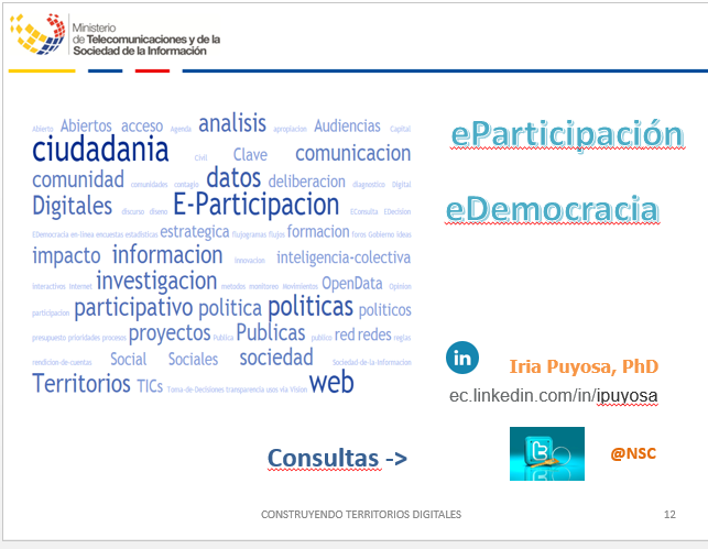 ¿Tienen preguntas sobre eParticipación en #TerritoriosDigitales? Aquí mis puntos de contacto.