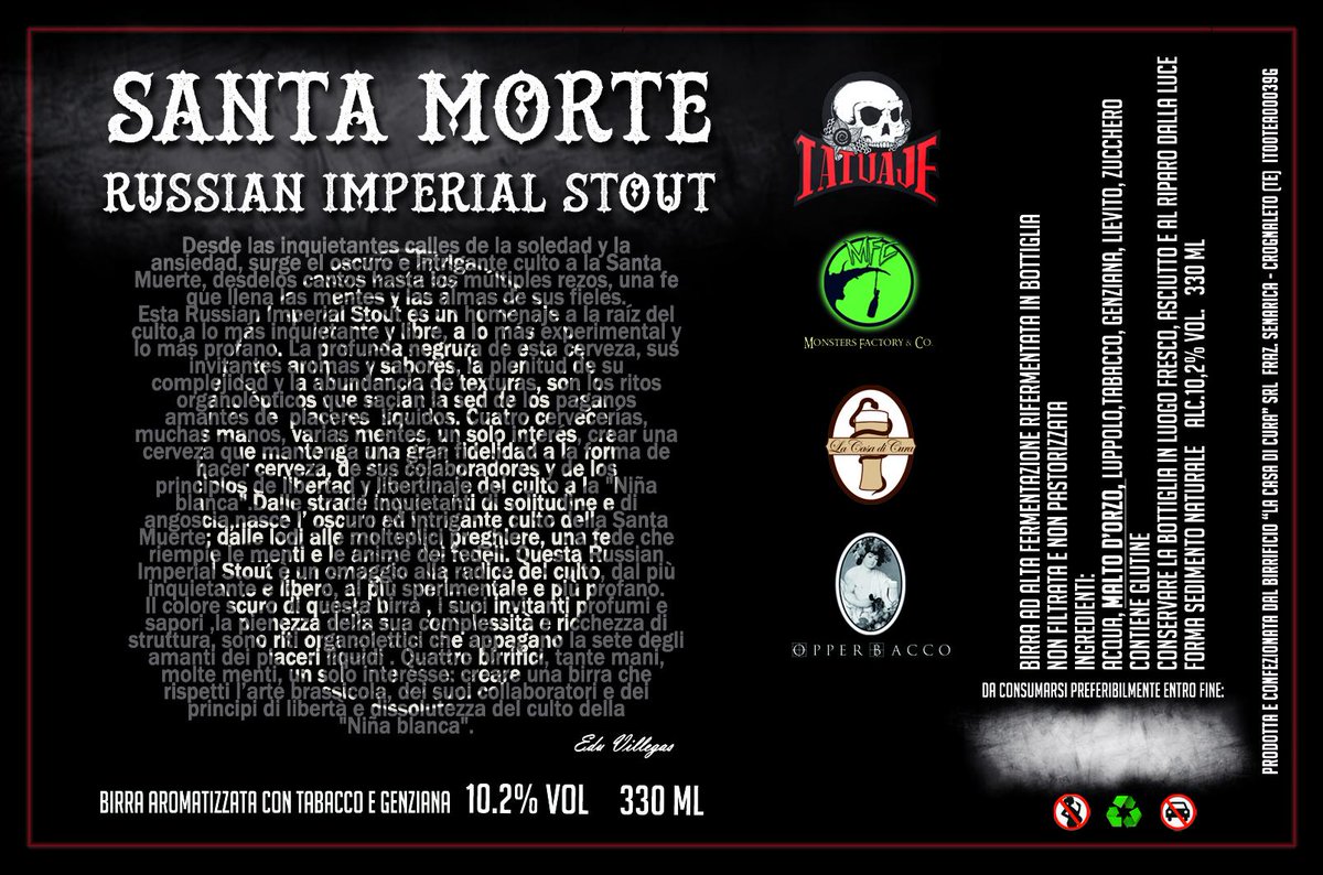 Collaborative beer with <a href="/cervezatatuaje/">Cervecería Tatuaje</a> <a href="/lacasadicura/">La Casa di Cura</a> &amp; Microbirrificio Opperbacco
#santamorte #ris #imperialstout