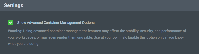 Nitrous's tweet photo. Pro Tip: @Docker expert? Try "Show Advanced Container Management Options" in Settings. #NitrousPro http://t.co/fNpC12vidS