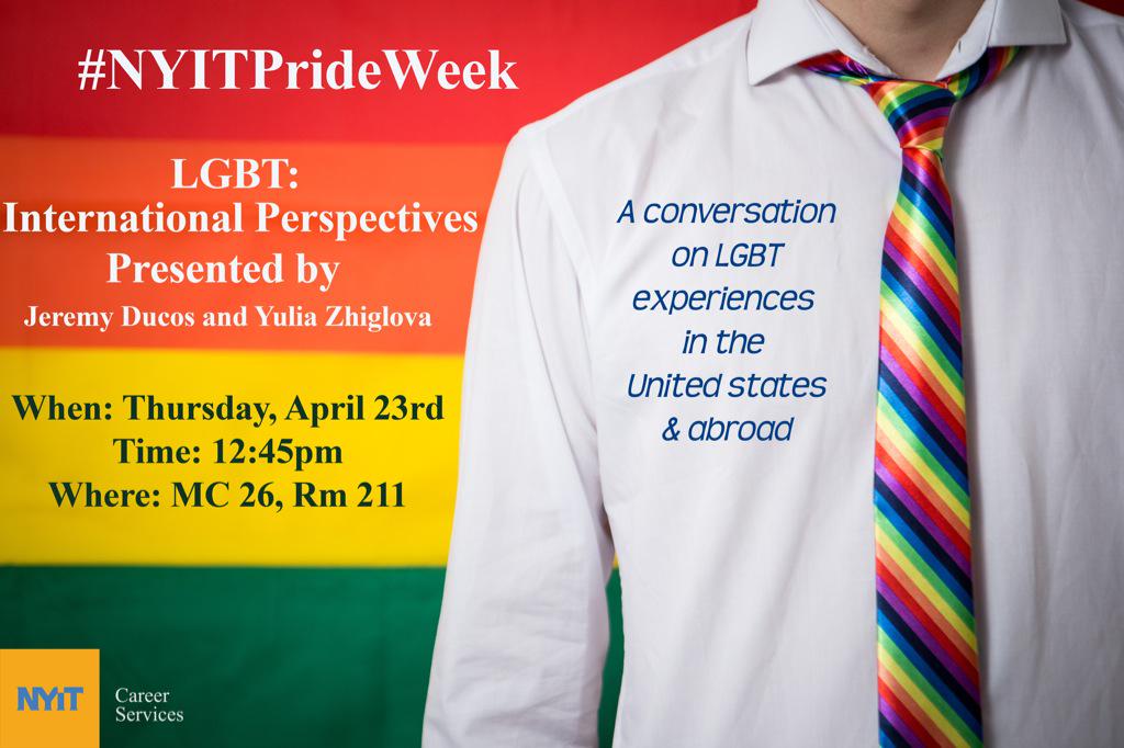 NYITStudentLife's tweet photo. Go to LGBT: Int'l perspectives convo tomorrow, 4/23, during free hour in MC 26 Lounge! #nyitdidthat #nyitprideweek http://t.co/Nvg1NWOxcv