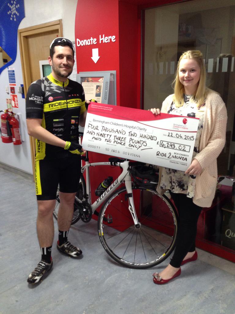 ride2monza's tweet photo. Proud to hand this 2 @Bham_Childrens &amp; support the inspiring youngsters who they helps daily... :) #charity #cycling http://t.co/NCVazDLsdY