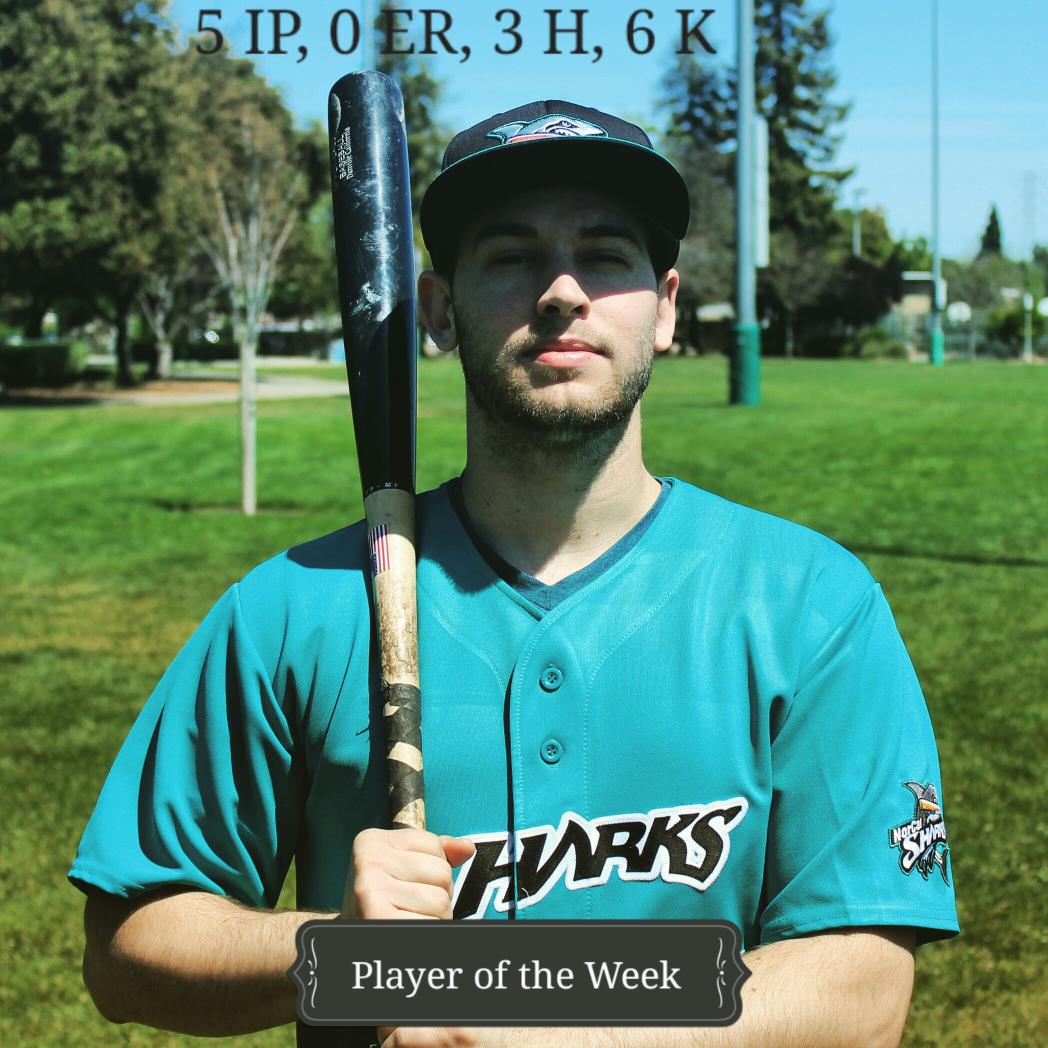 ncsharks's tweet photo. Brandon Gossman is the #PlayerOfTheWeek for his stellar performance on the mound keeping the #NorCalSharks in it http://t.co/ZoI3W2wHck
